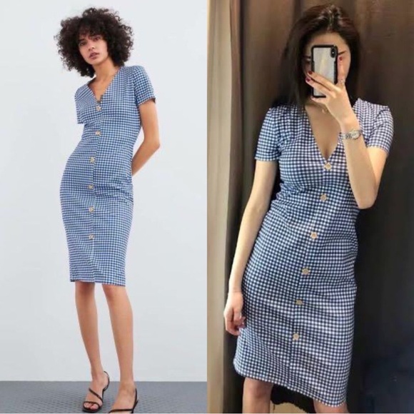 Zara Dresses & Skirts - NWT Zara Gingham Blue Bodycon Dress Women’s M